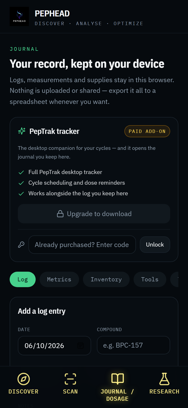 PEPHEAD app: the journal, kept on your device, with a log entry form