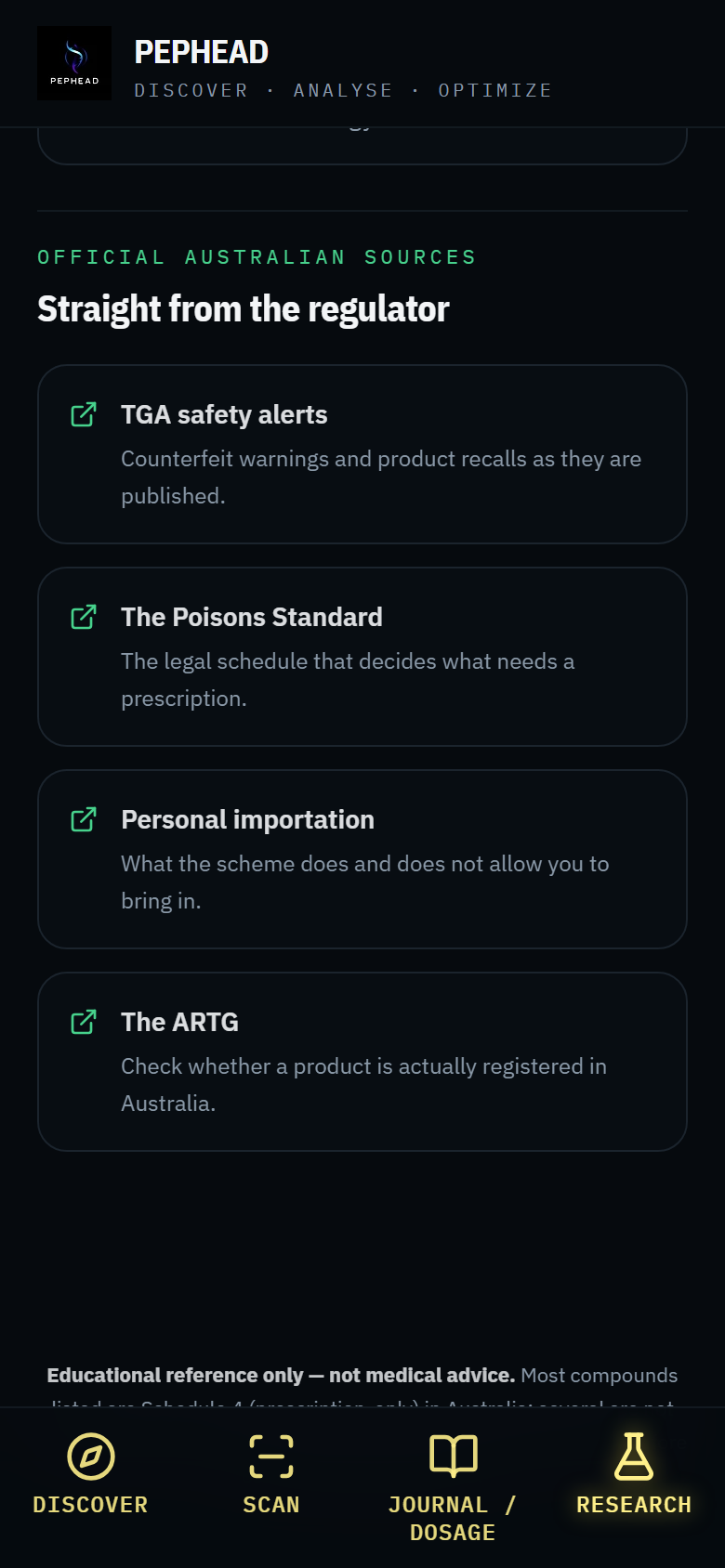 PEPHEAD app: official Australian sources including TGA safety alerts and the Poisons Standard