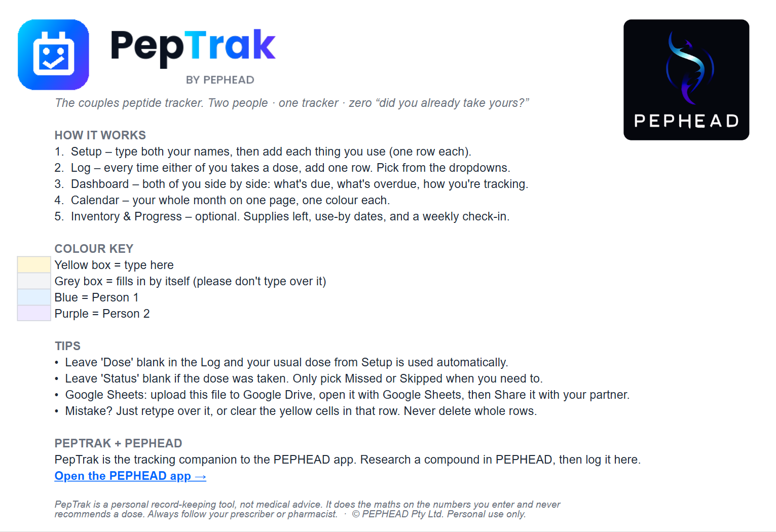PepTrak Start Here tab: how it works in five steps and the colour key